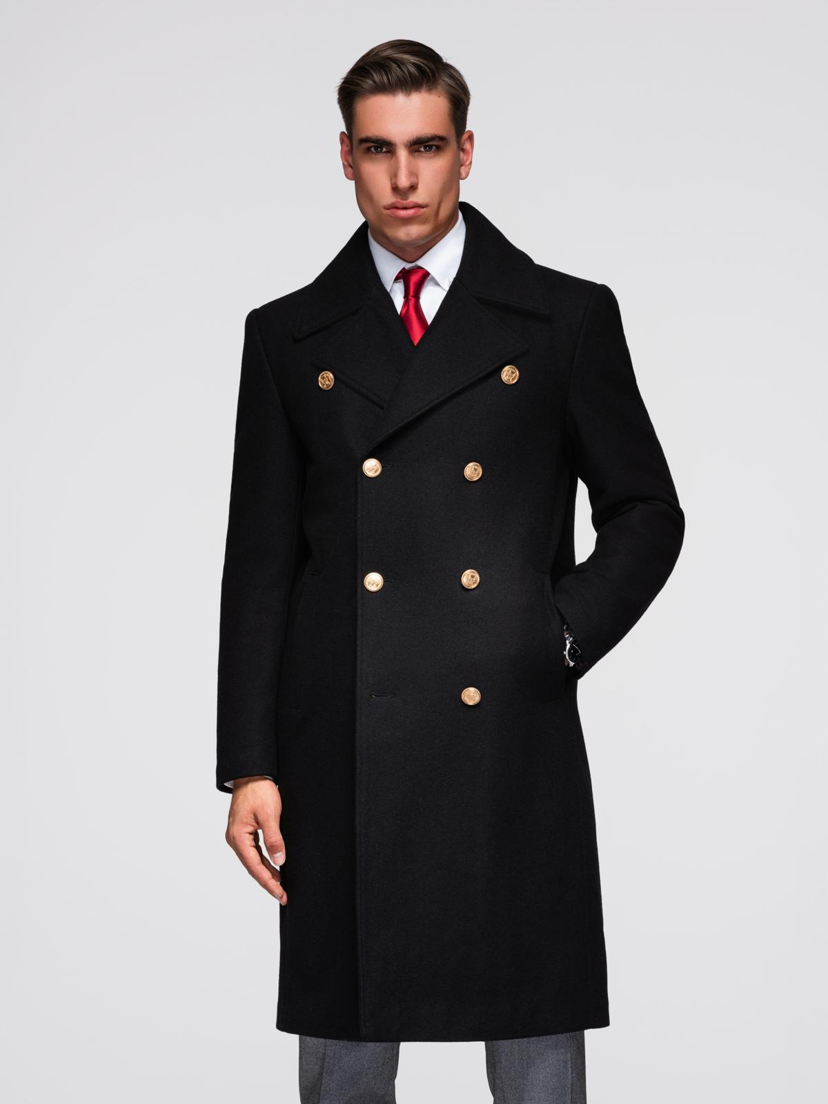 Ombre Elegant military double-breasted coat for men with wool - black