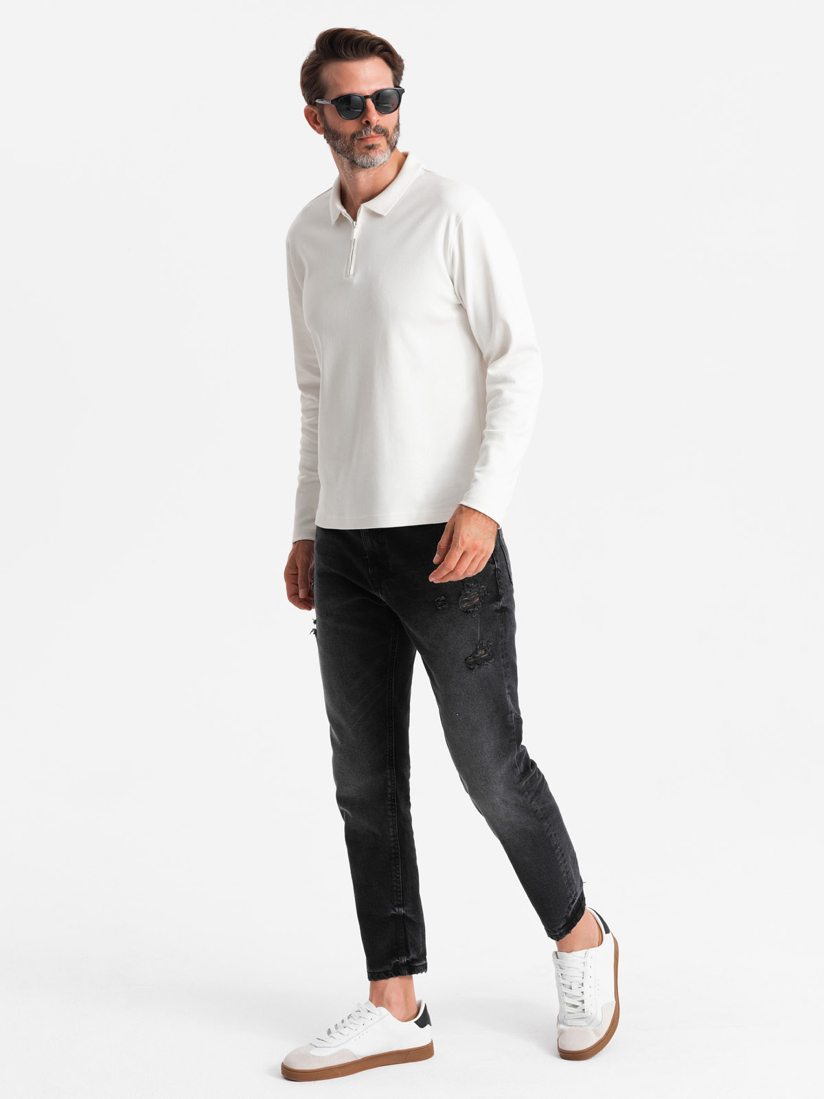 Ombre Men&#039;s polo longsleeve with zippered collar - white