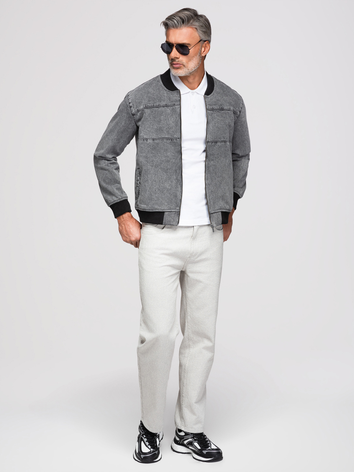 Ombre Men's denim bomber jacket with stone wash effect - grey