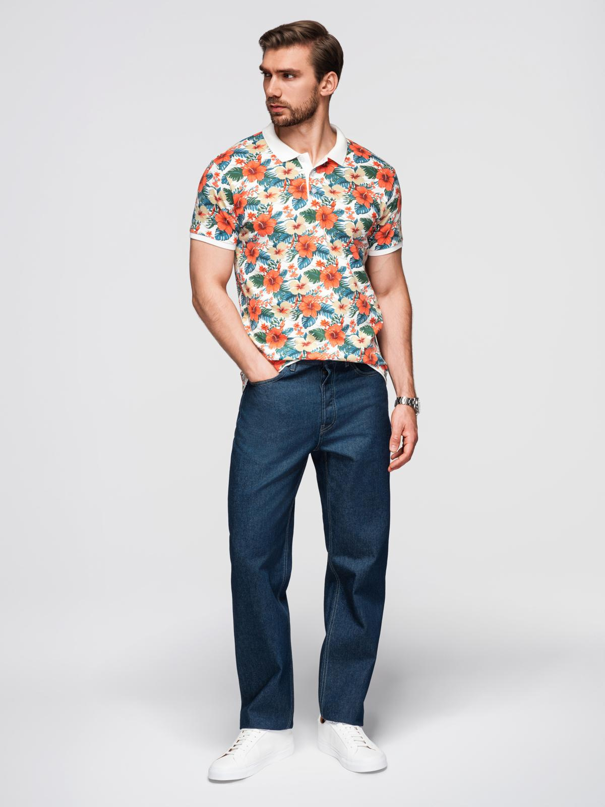 Ombre Cotton polo shirt with floral print - white