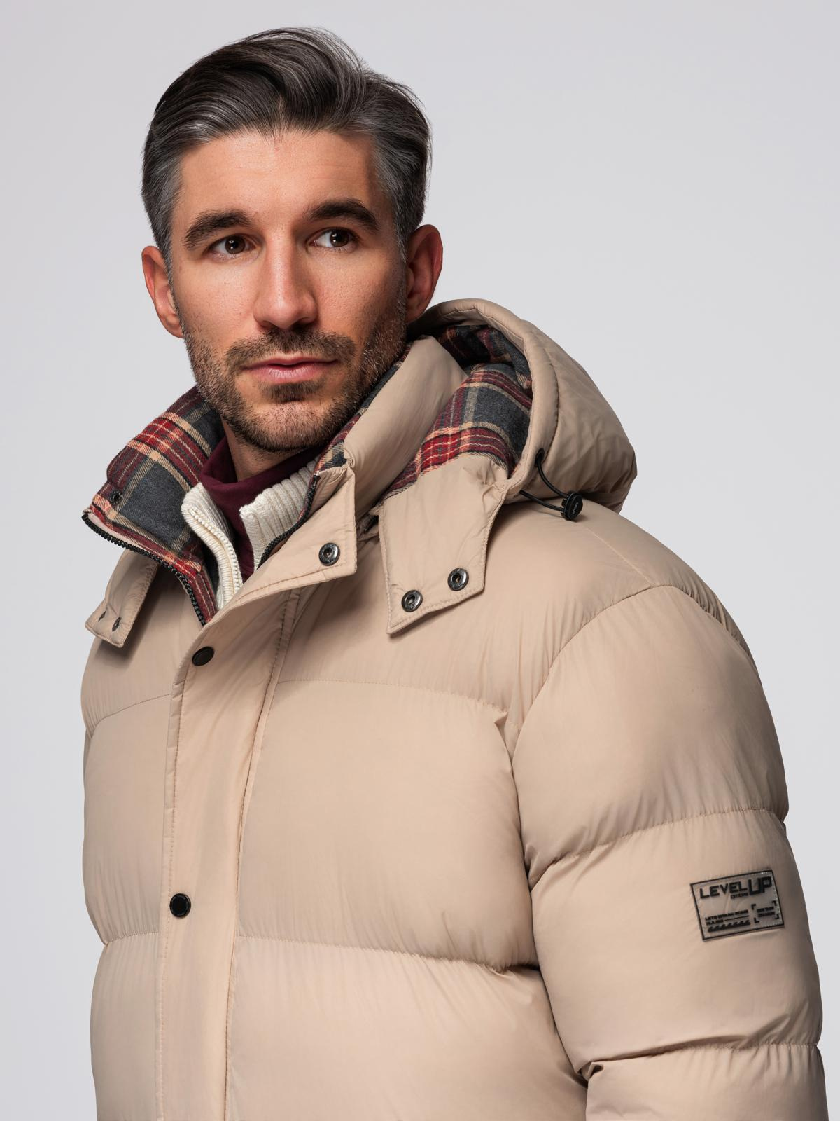 Ombre Men&#039;s puffer jacket with check lining - beige