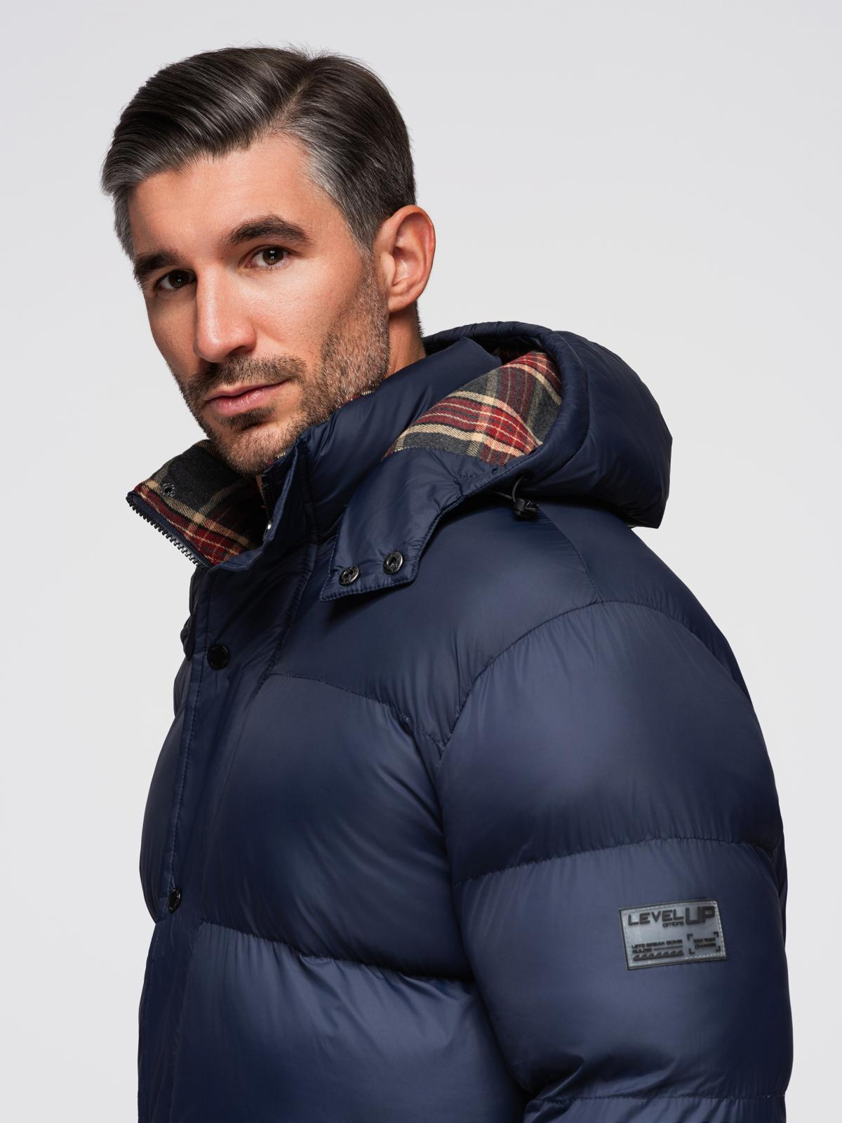 Ombre Men&#039;s puffer jacket with check lining - navy blue