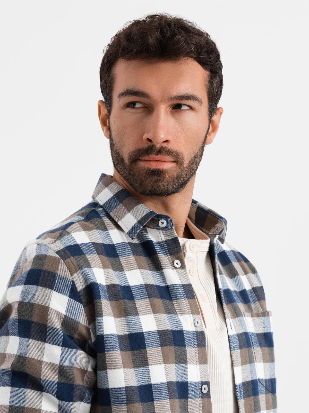 Ombre Classic men's flannel check cotton shirt - brown and navy blue