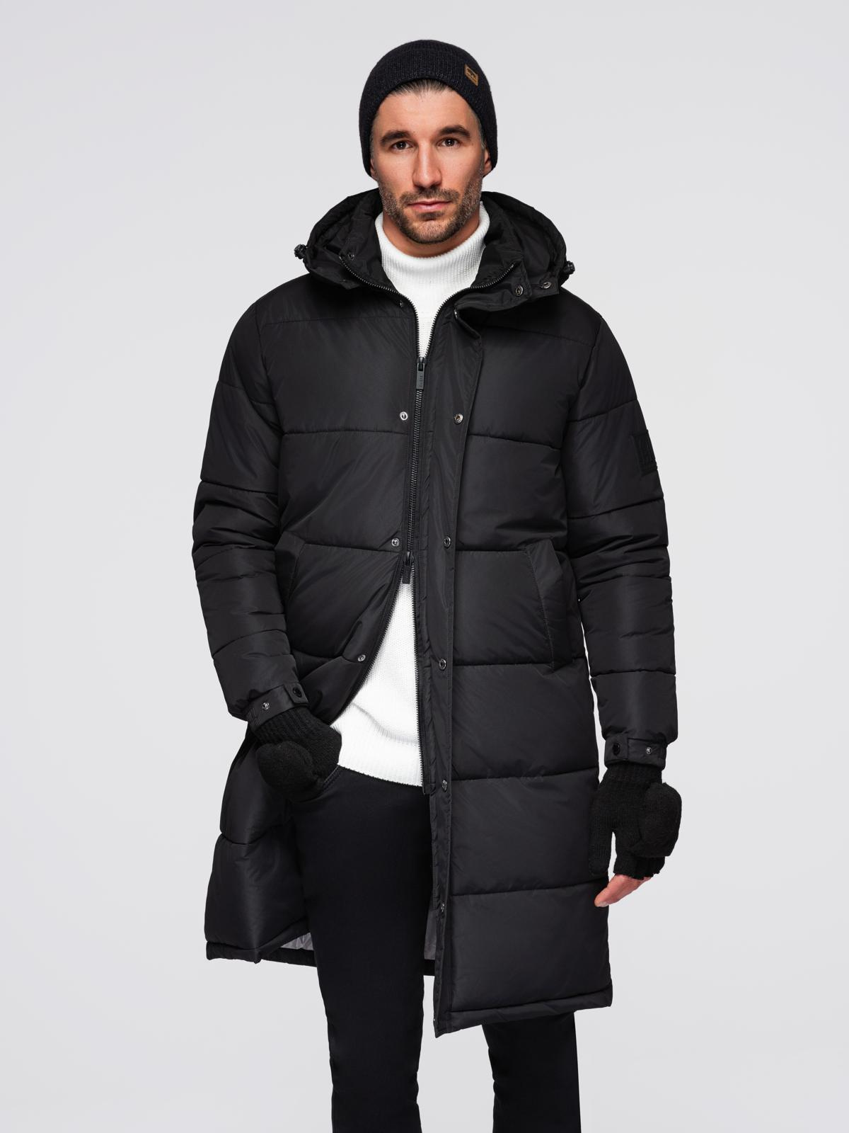 Ombre Men&#039;s quilted long jacket with detachable hood - black