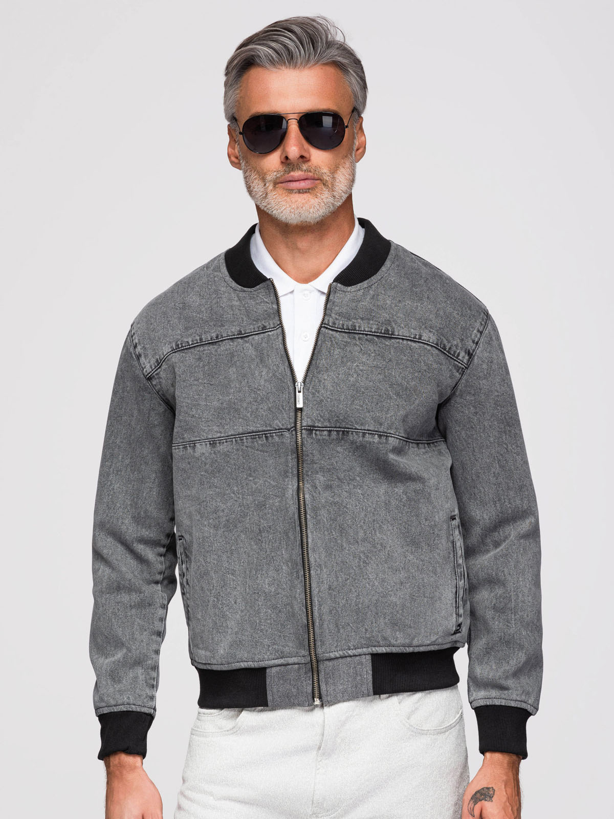 Ombre Men's denim bomber jacket with stone wash effect - grey