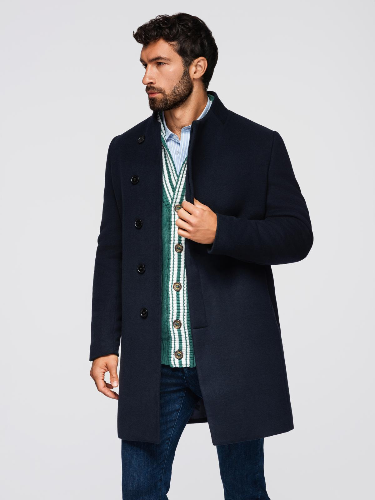 Ombre Men&#039;s coat with asymmetrical fastening and high collar - navy blue