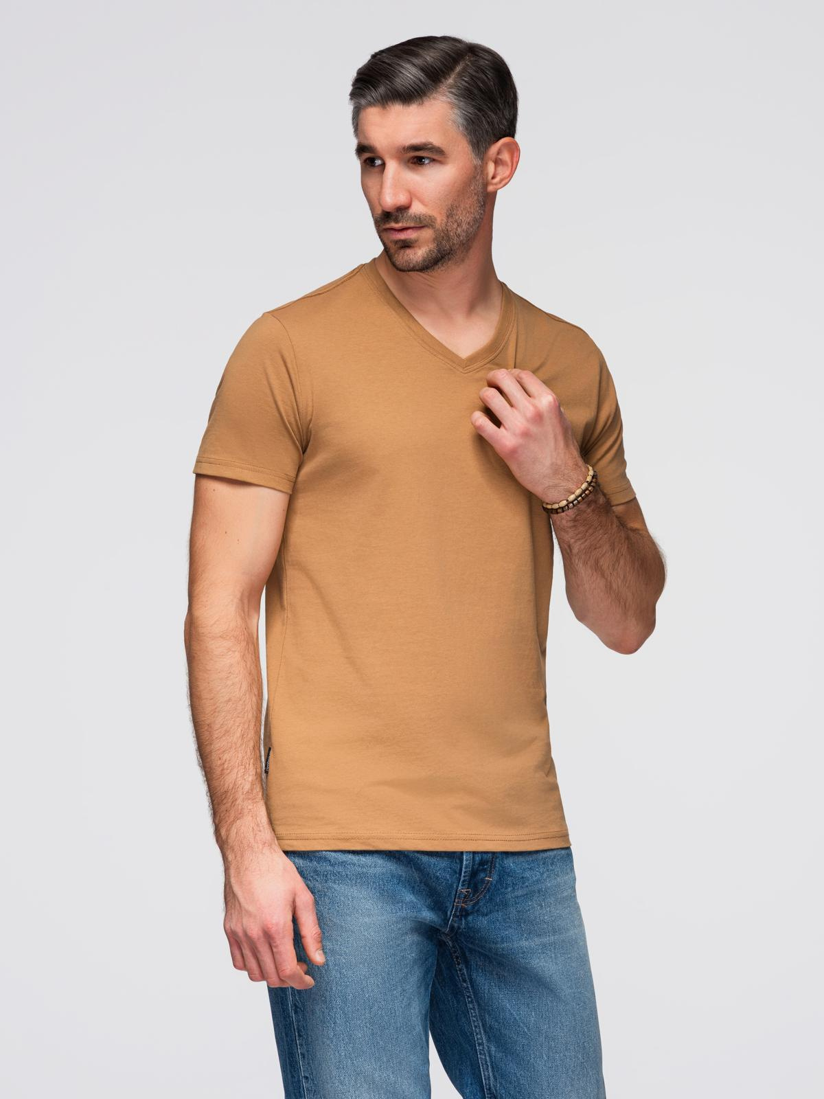 Ombre Men's BASIC classic cotton T-shirt with a v-neck - brown