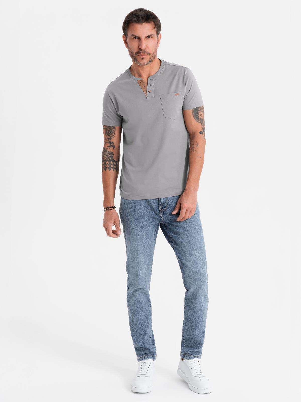 Ombre Men's t-shirt with button neckline and suede trim - grey
