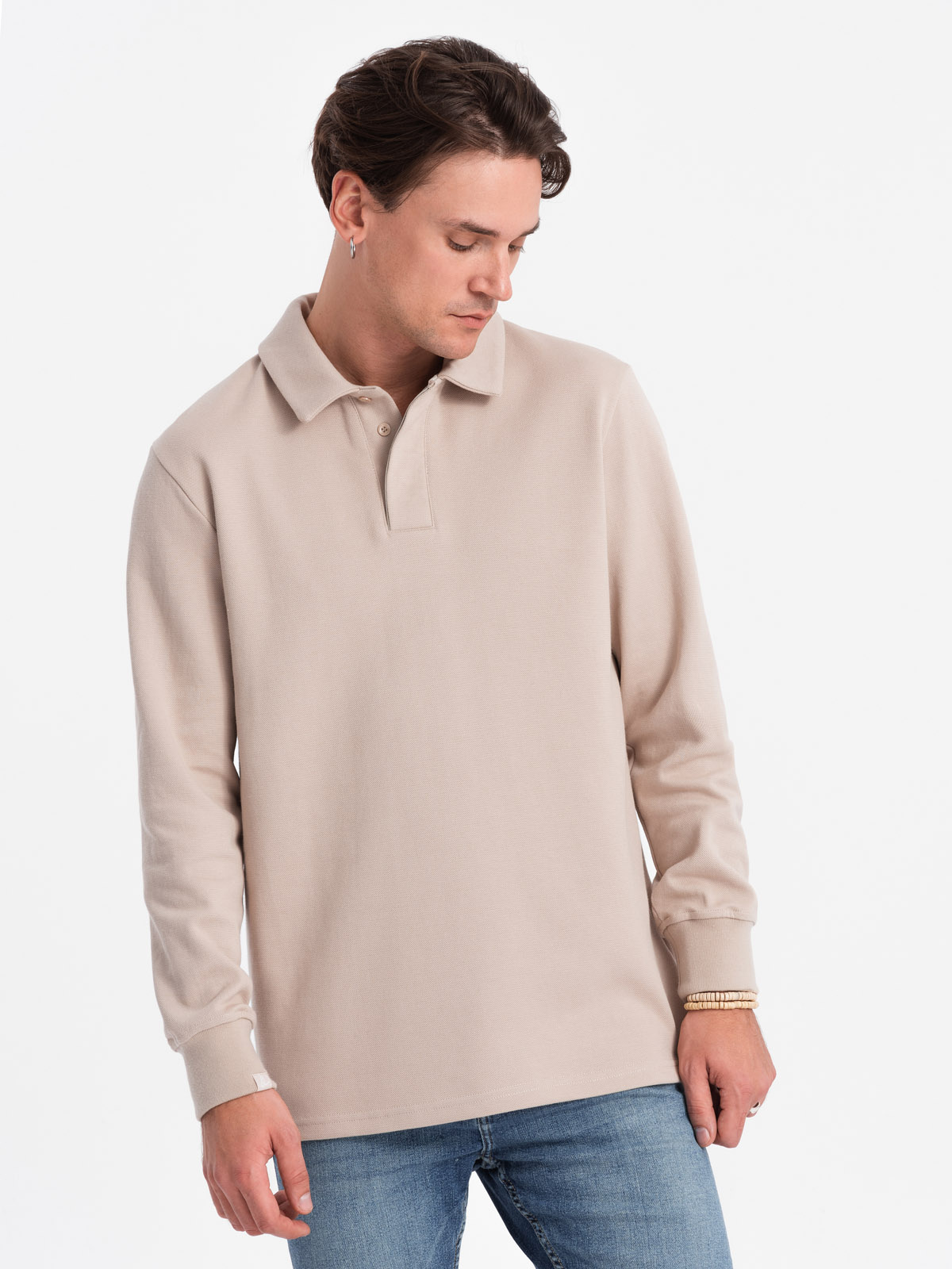 Ombre Men's Structured Knit Polo Collar Sweatshirt - Beige