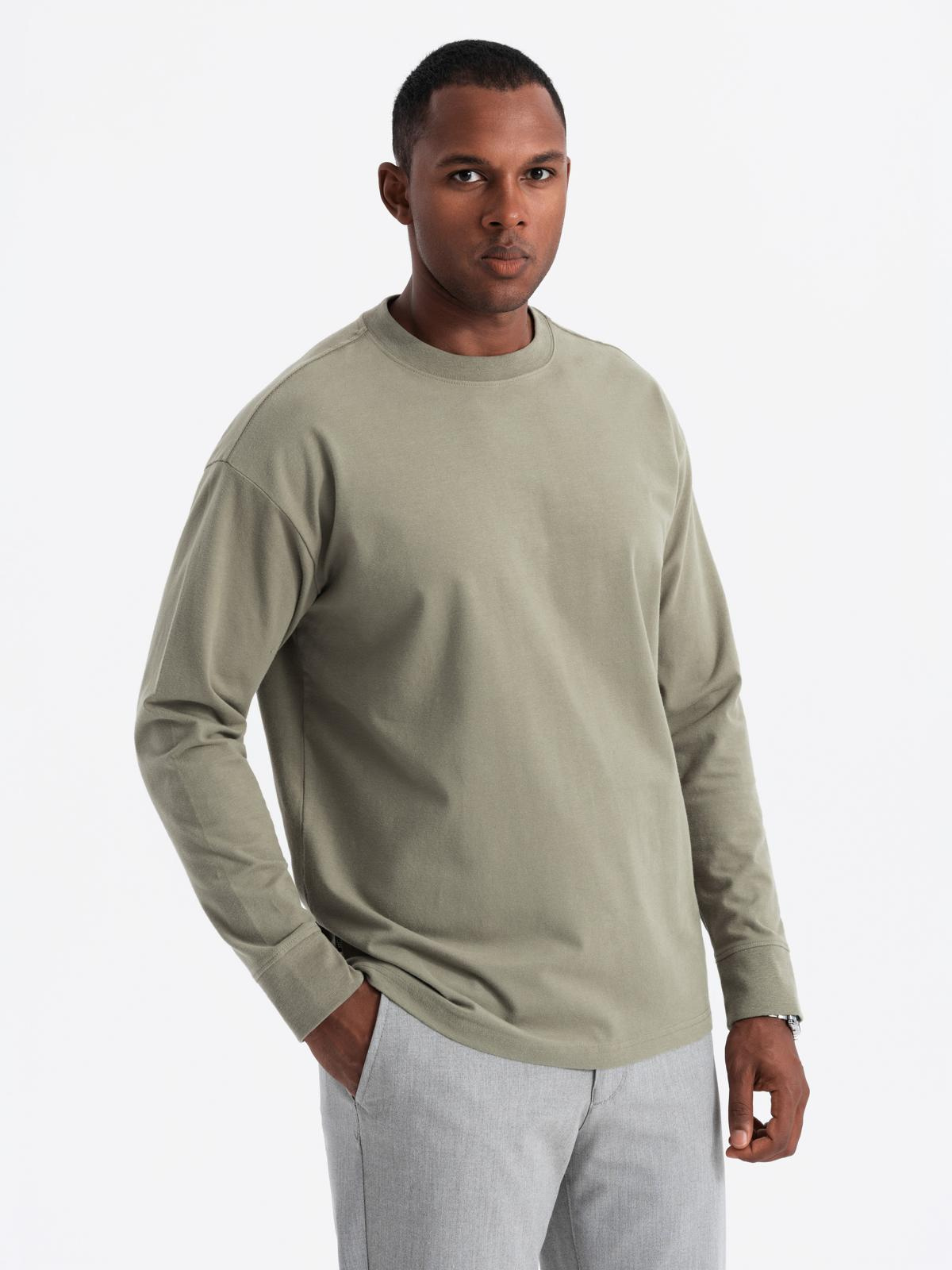 Ombre Men's cotton longsleeve LOOSE FIT with round neckline - khaki