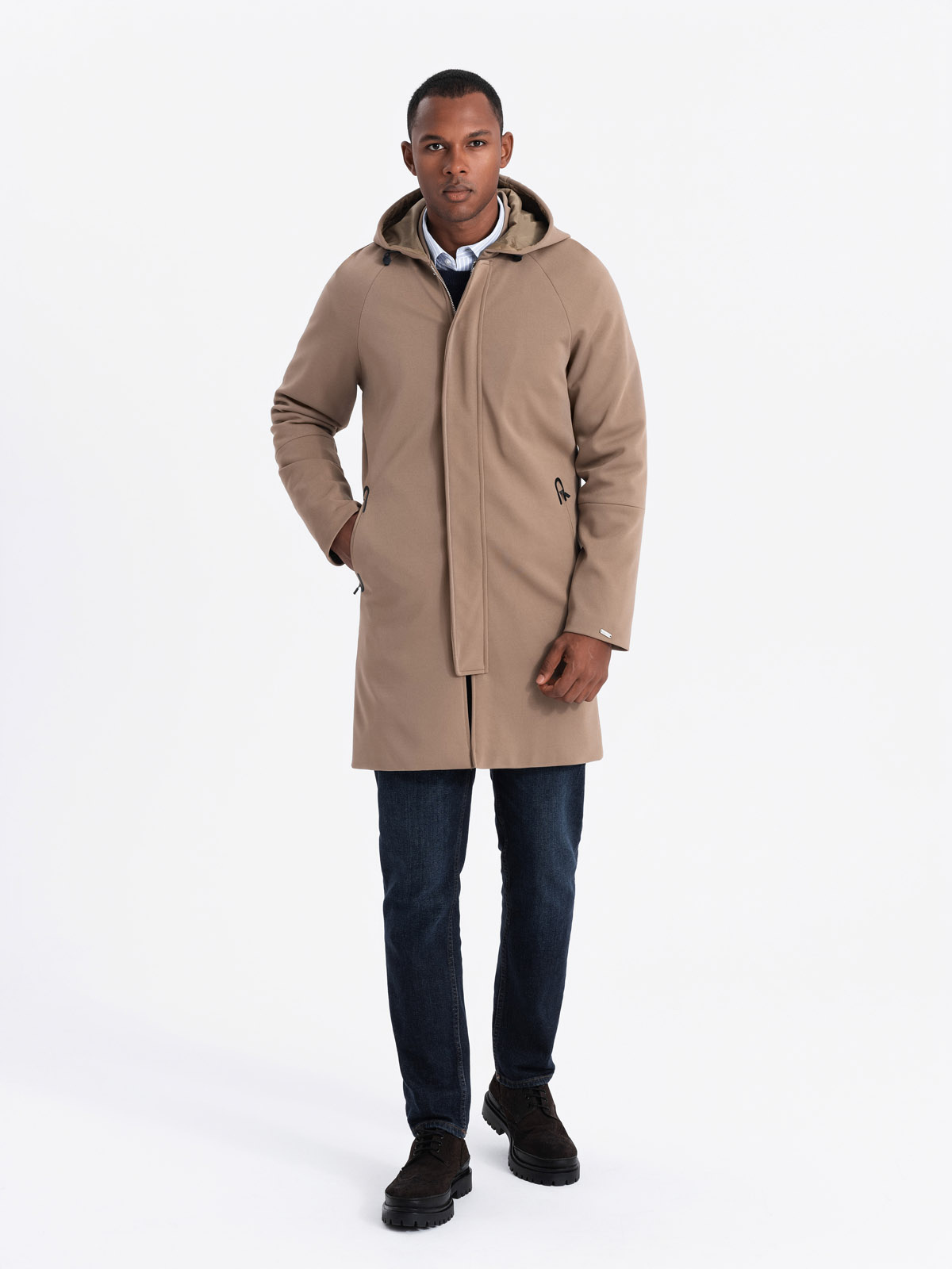 Ombre Men&#039;s hooded coat in fine stripe - coffee