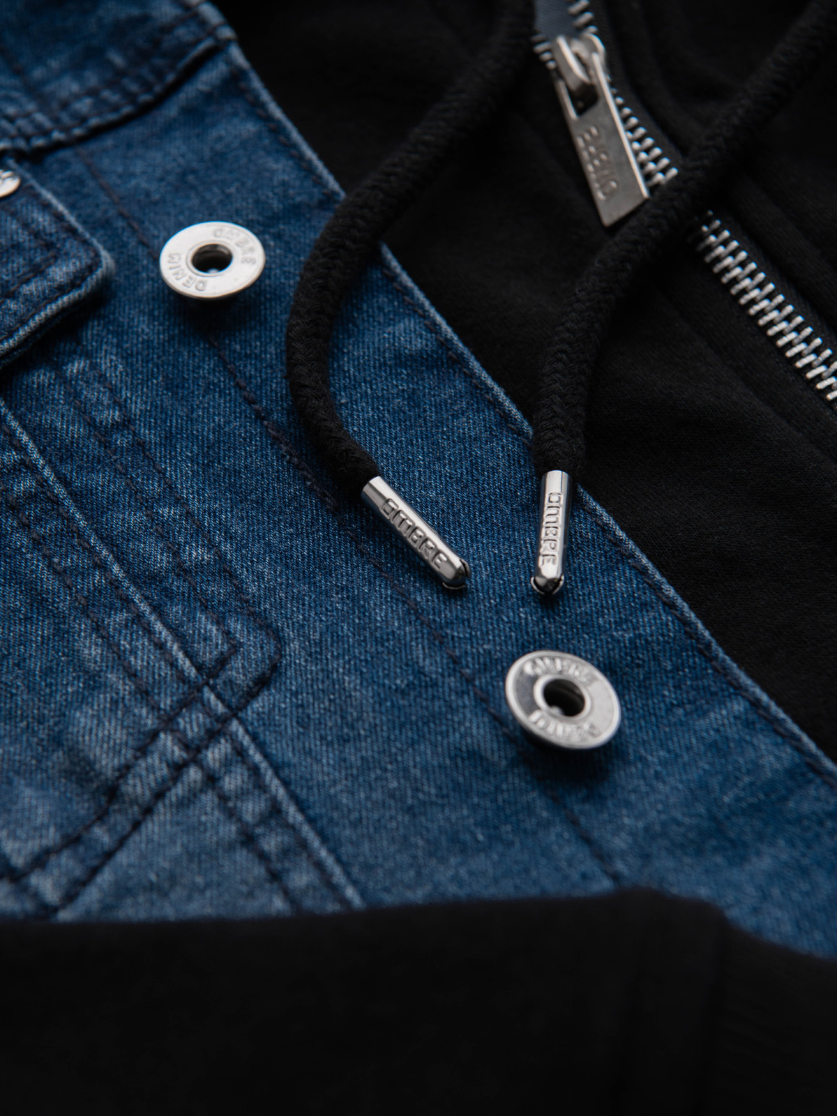 Ombre Men&#039;s denim jacket with knitted sleeves and hood - blue and black