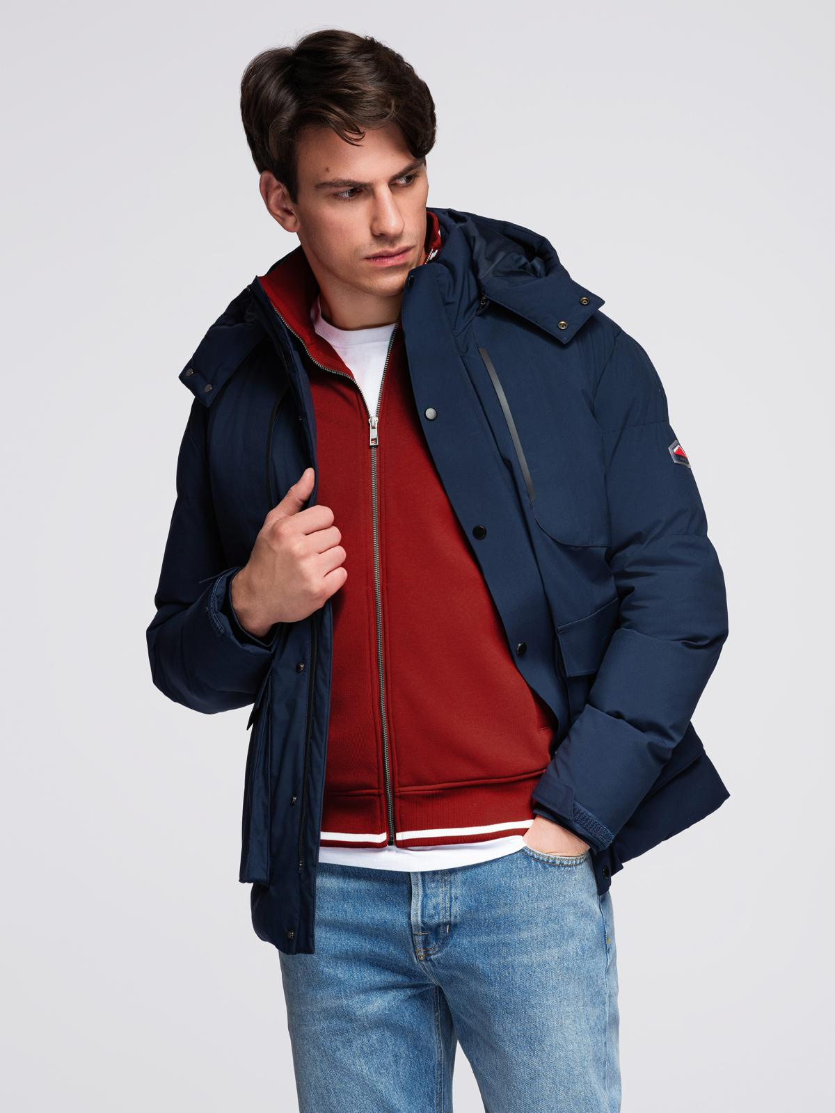Ombre Men&#039;s winter jacket with detachable hood made of waterproof material - navy blue
