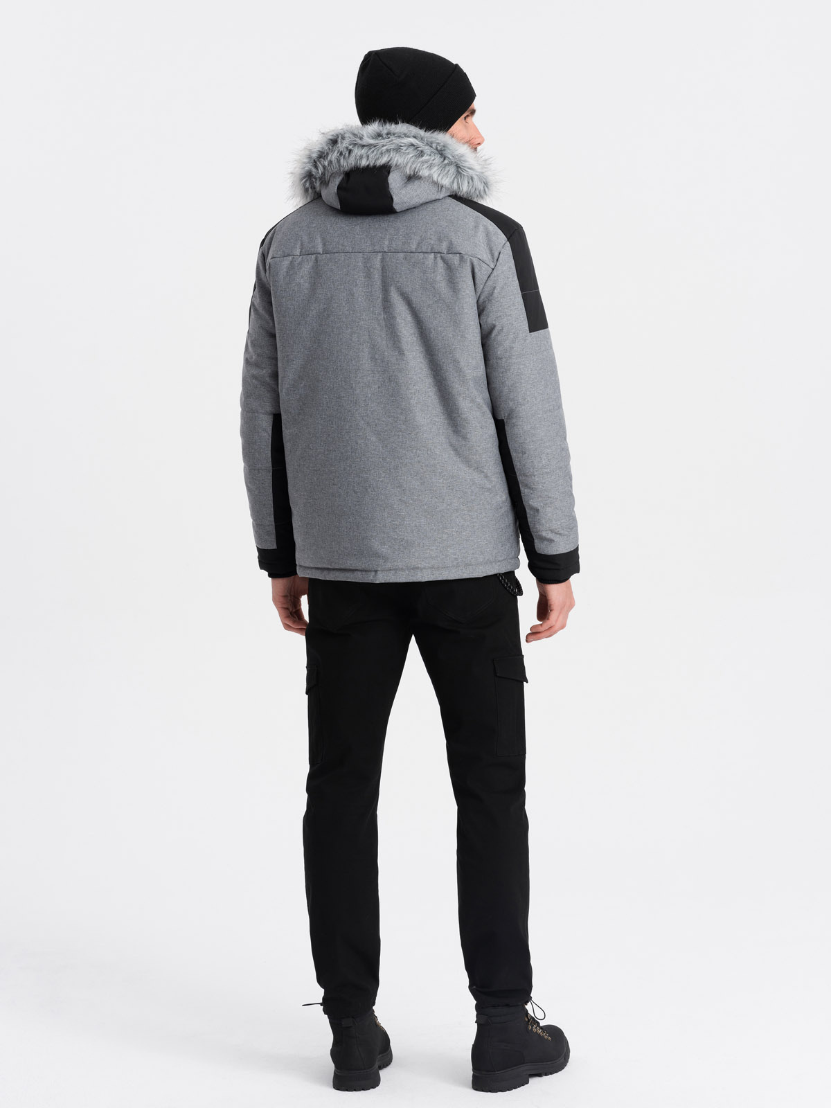 Ombre Men's winter jacket with adjustable hood with detachable fur - grey and black