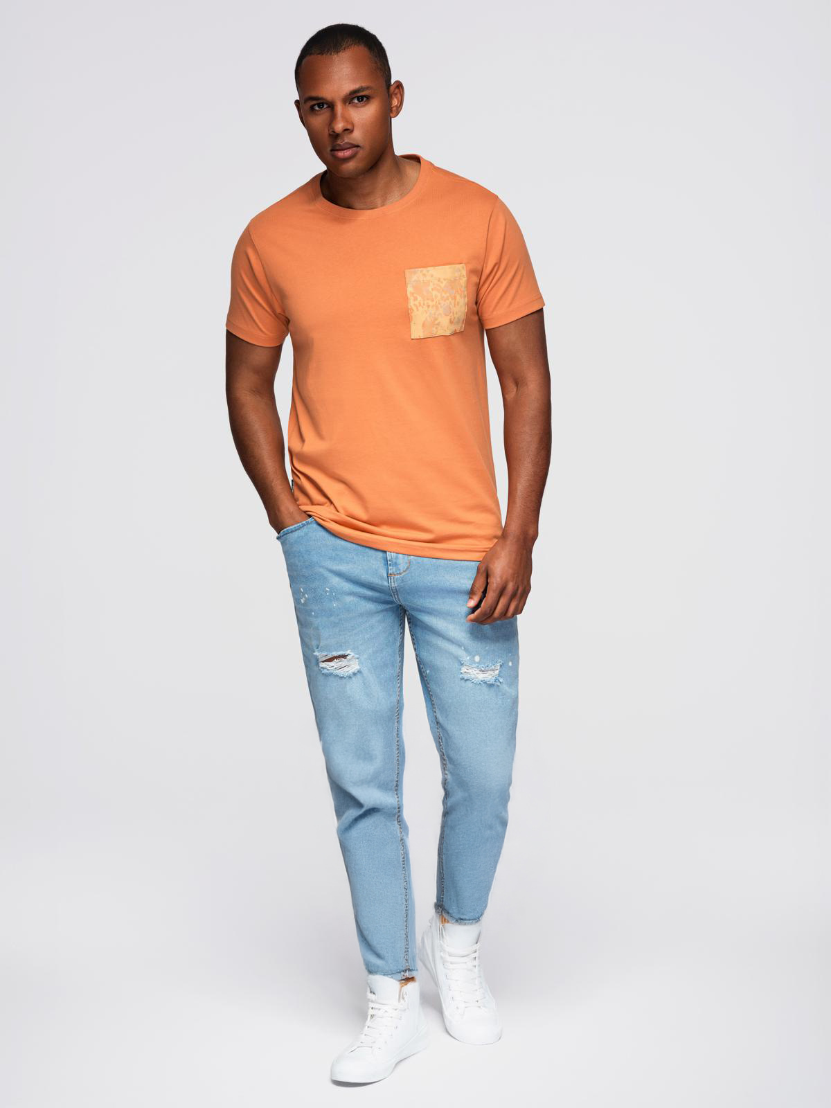 Ombre Men's cotton t-shirt with printed pocket - orange