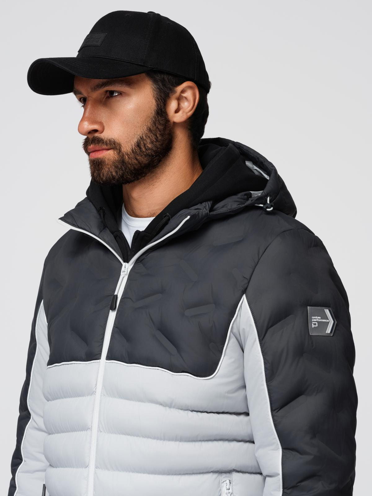 Ombre Men&#039;s quilted jacket with detachable hood - graphite and white