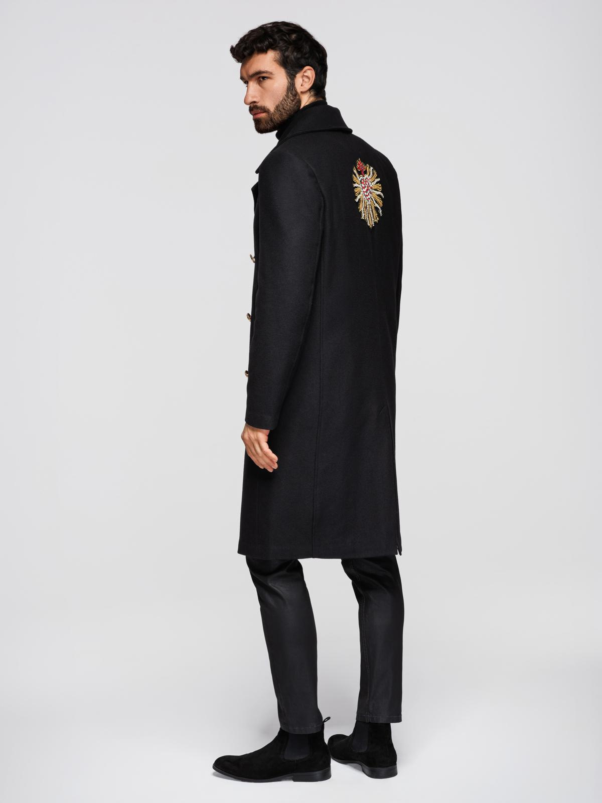 Ombre Men's double-breasted wool coat with decorative appliqués - black