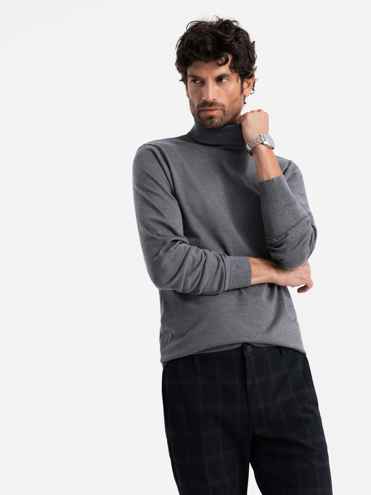 Ombre One Color Men's Knitted Turtleneck With Viscose - Grey Melange