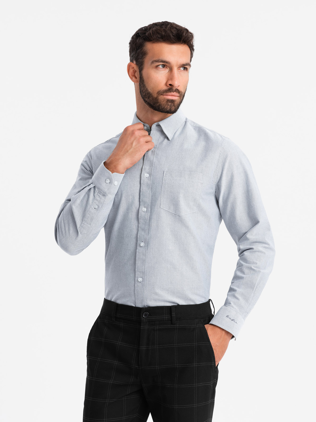 Ombre Elegant Men's Oxford Shirt With Embroidery And Pocket - Light Grey