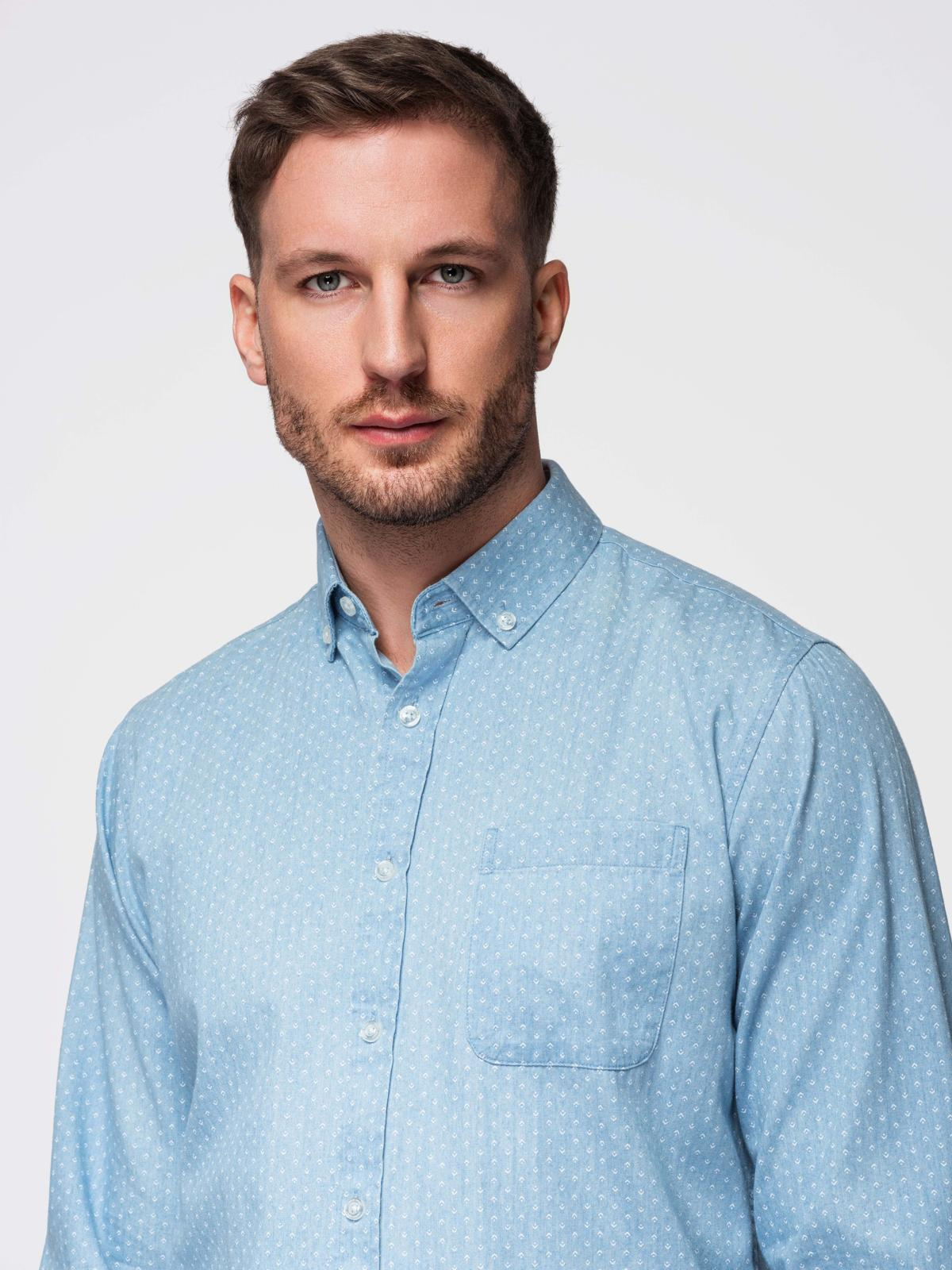 Ombre Men's patterned thin denim shirt with pocket - light blue