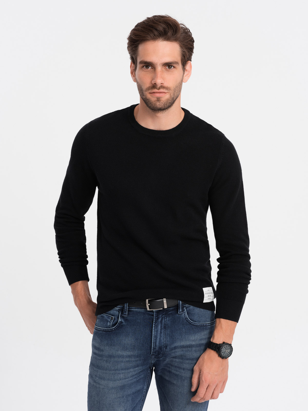 Ombre Men's textured sweater with half round neckline - black