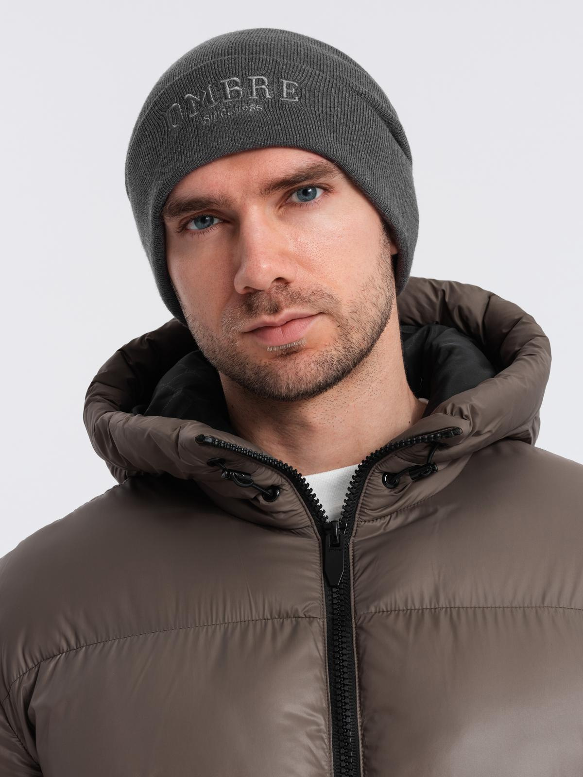 Ombre Men's knitted beanie hat with embroidered inscription - graphite