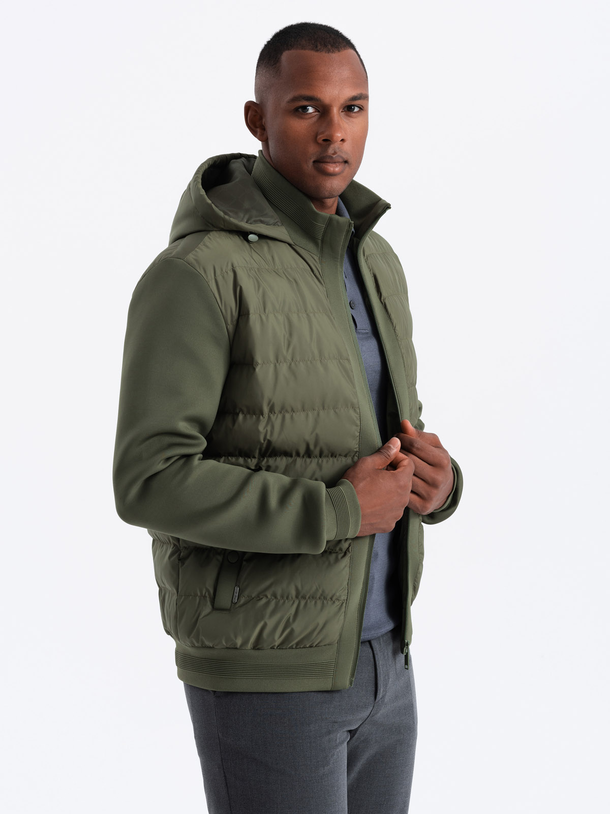 Ombre Men&#039;s quilted bomber jacket with high collar - dark olive green