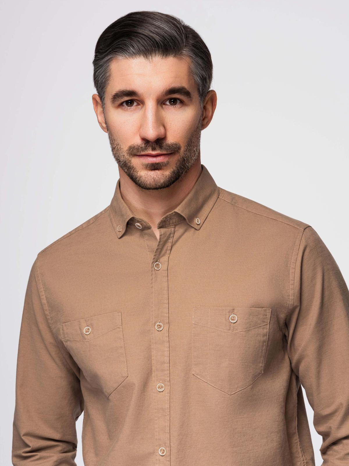 Ombre Men's linen shirt with classic collar and pockets REGULAR FIT - light brown