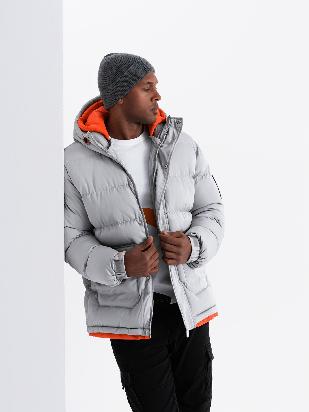 Ombre Men's sports warm jacket with double hood - grey