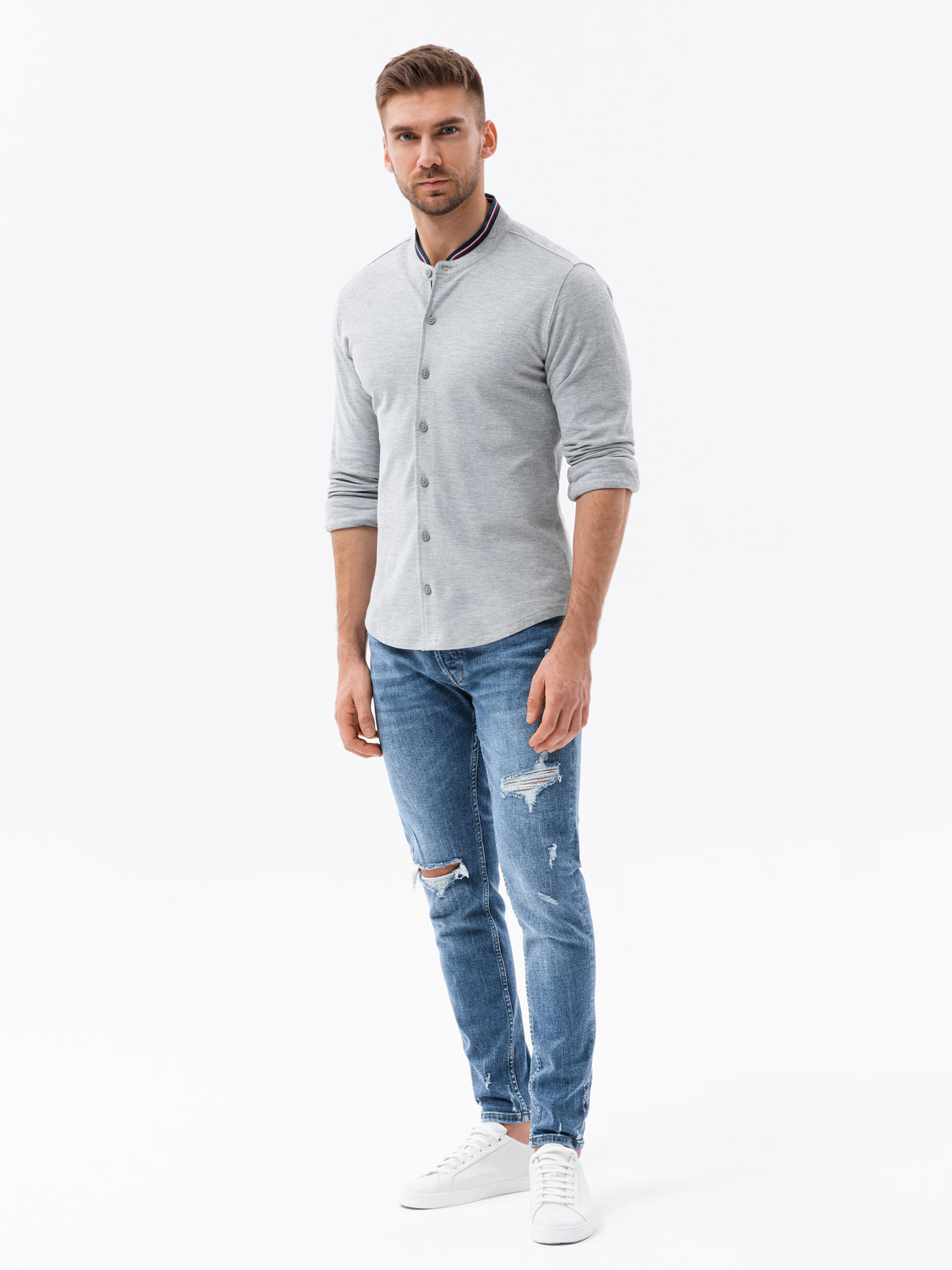 Ombre Men&#039;s cotton SLIM FIT shirt with collared collared shirt - grey