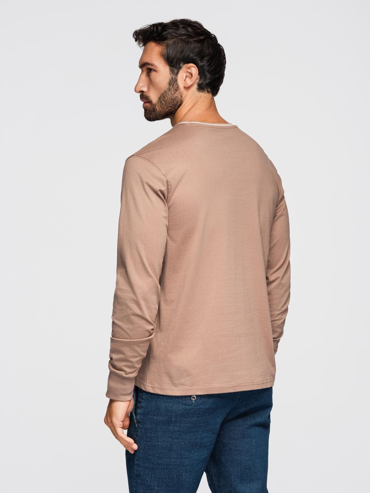 Ombre Men's cotton longsleeve with striped U neckline and embroidery - brown