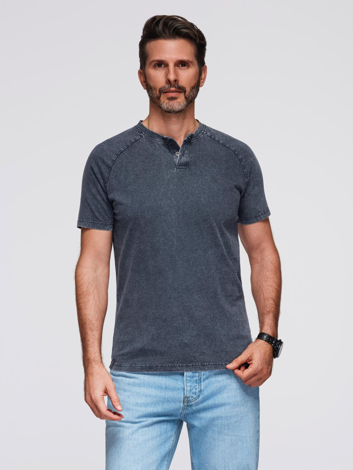 Ombre Men's t-shirt with wash effect and buttons at neckline - navy blue