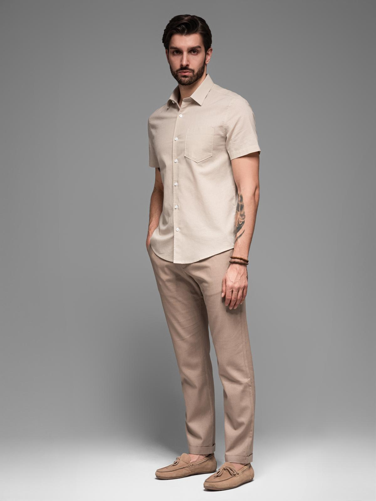 Ombre Men&#039;s short-sleeved linen-cotton shirt with pocket - beige