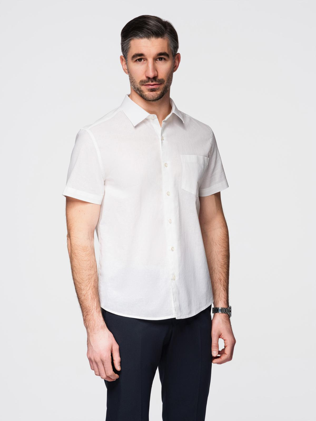 Ombre Men's short-sleeved linen-cotton shirt with pocket - broken white