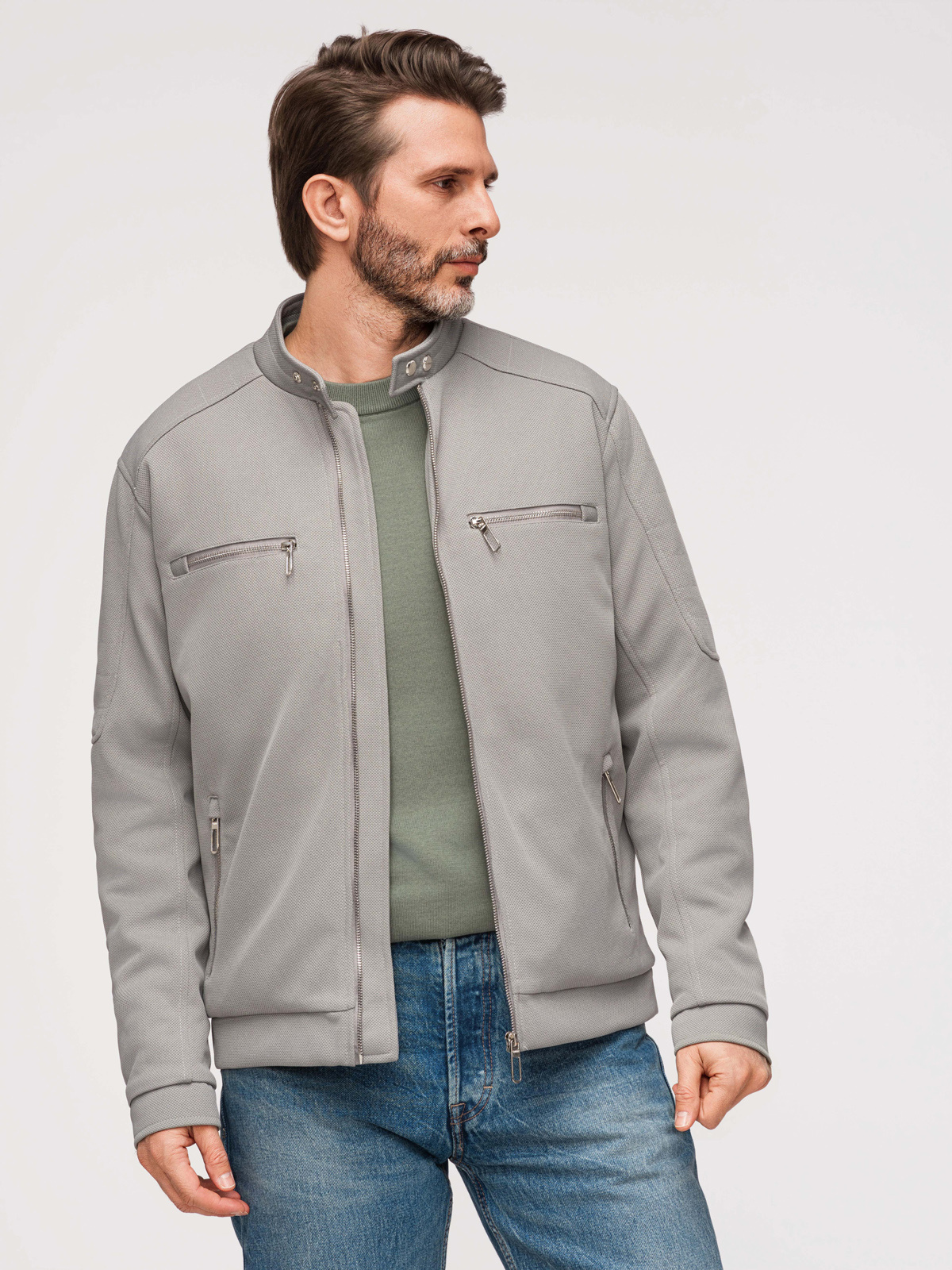 Ombre Men's biker jacket with pockets and collar - grey