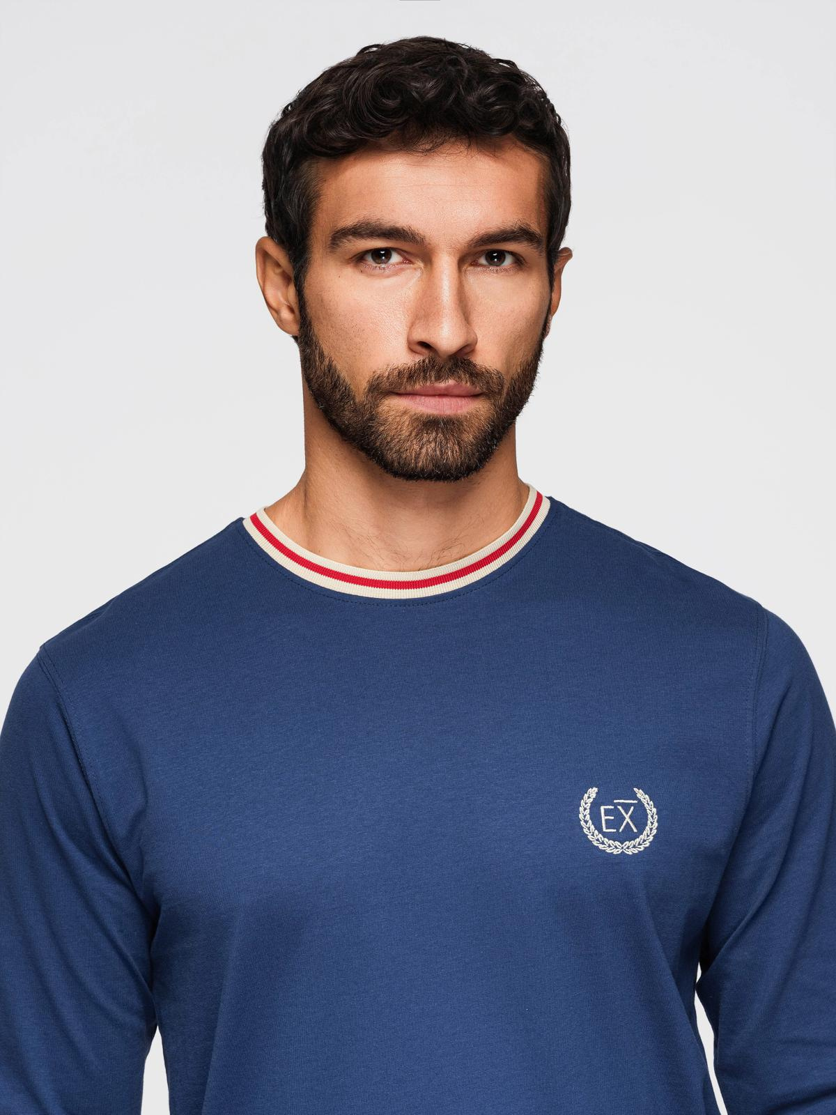 Ombre Men's cotton longsleeve with striped U neckline and embroidery - dark blue