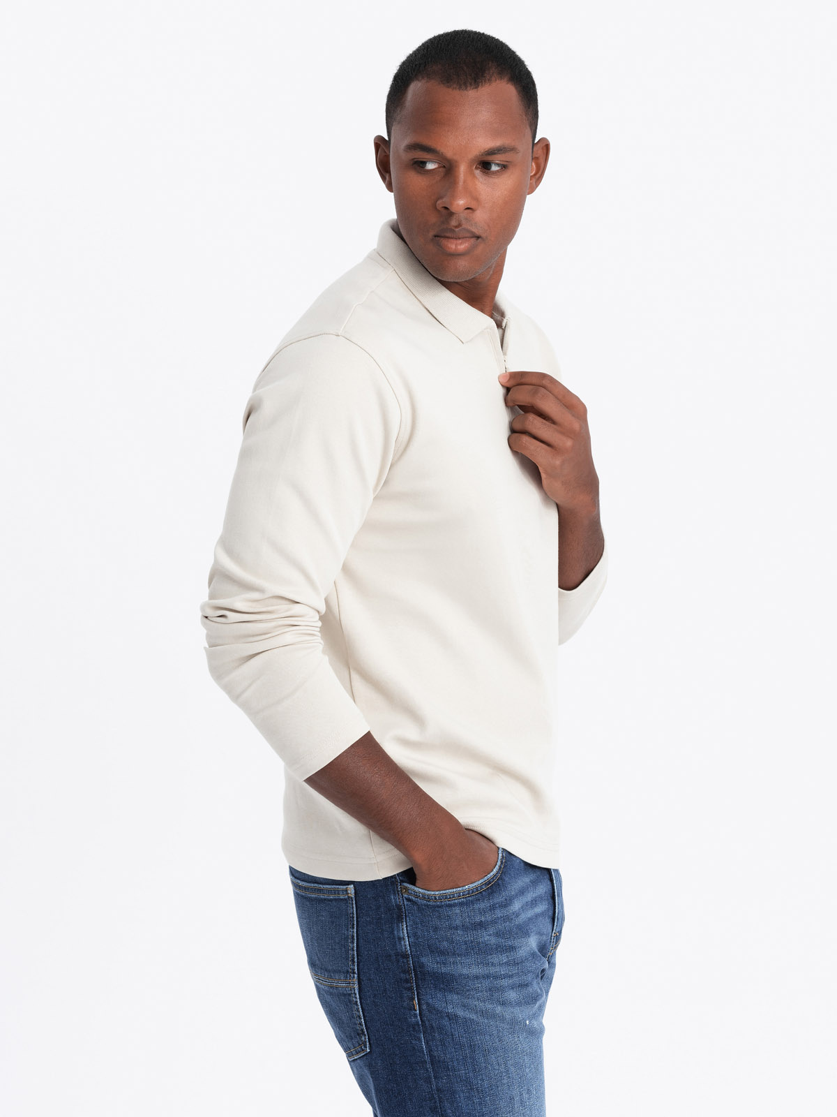 Ombre Men&#039;s polo longsleeve with zippered collar - cream