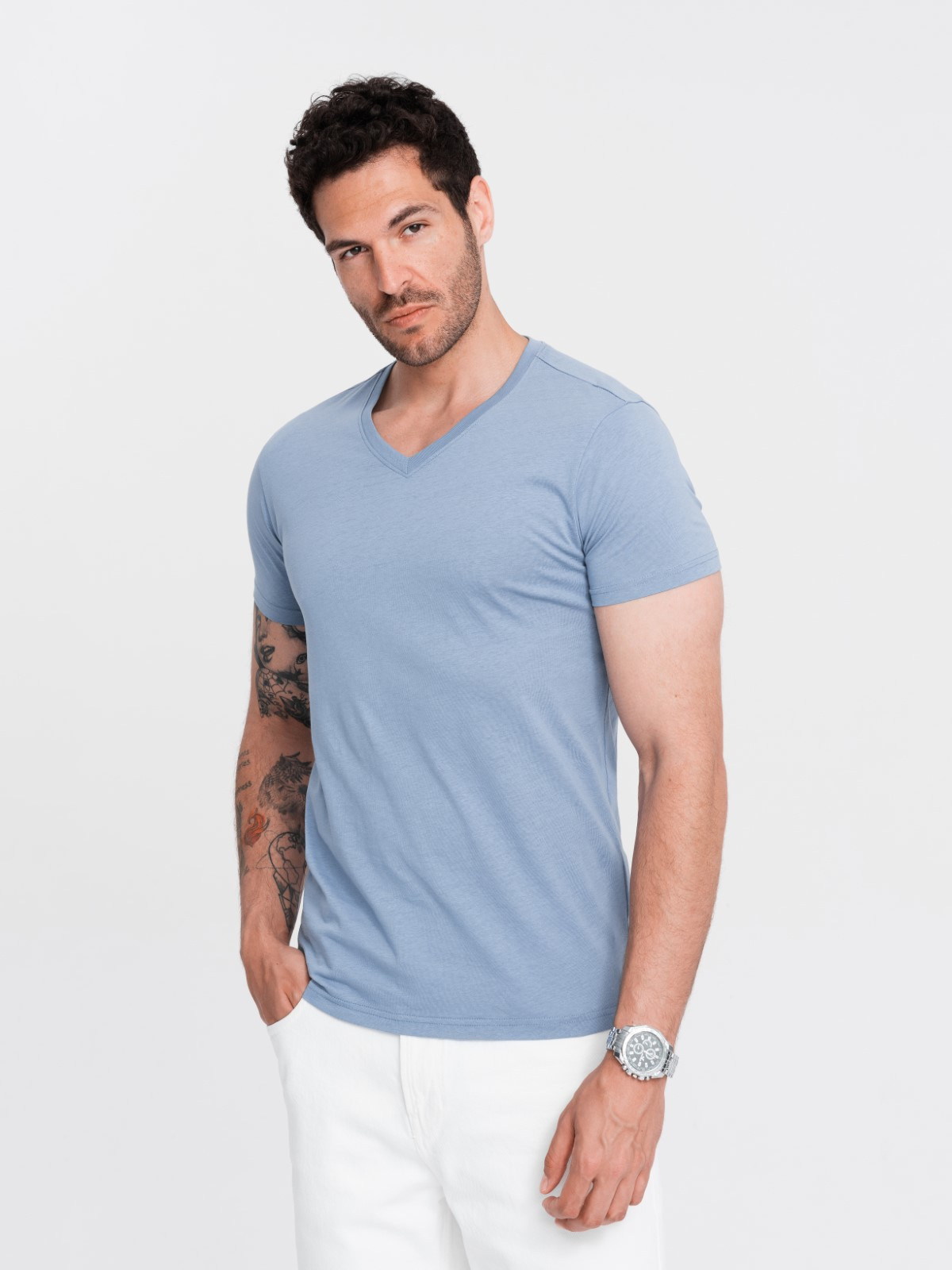 Ombre BASIC men's classic cotton T-shirt with a serape neckline - blue