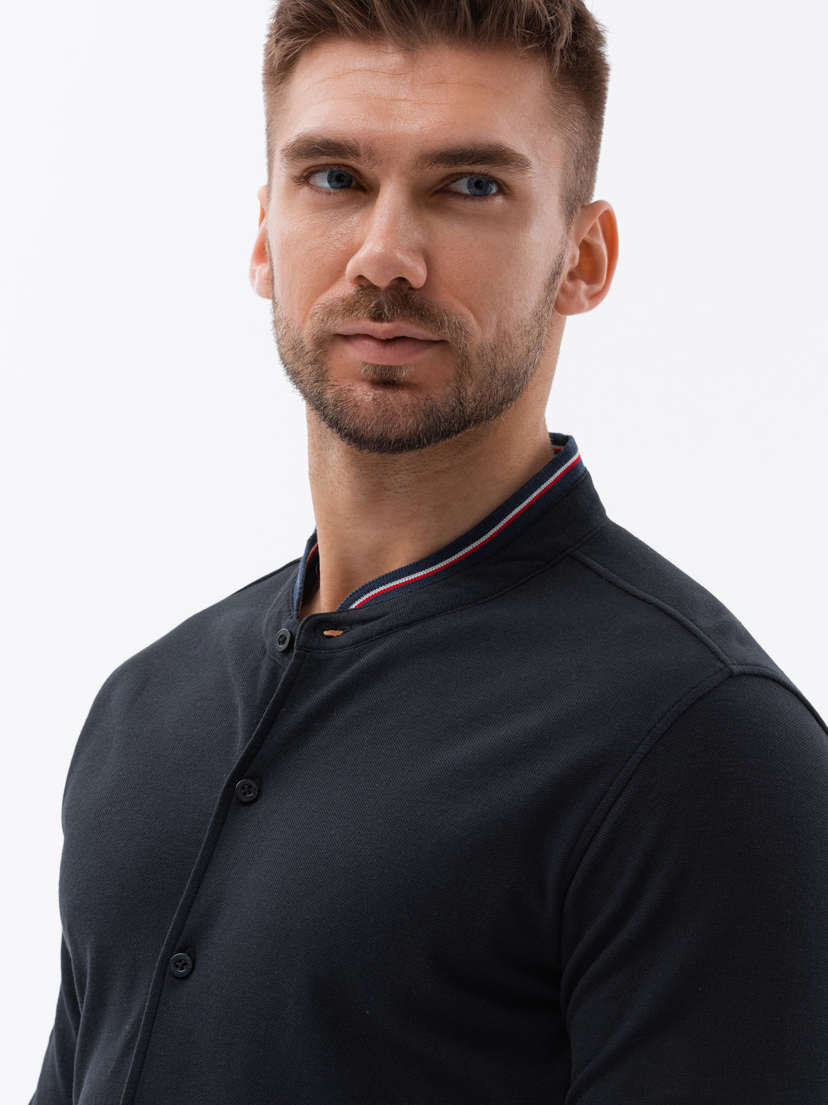 Ombre Men's cotton SLIM FIT shirt with stand-up collared collared stripes - black