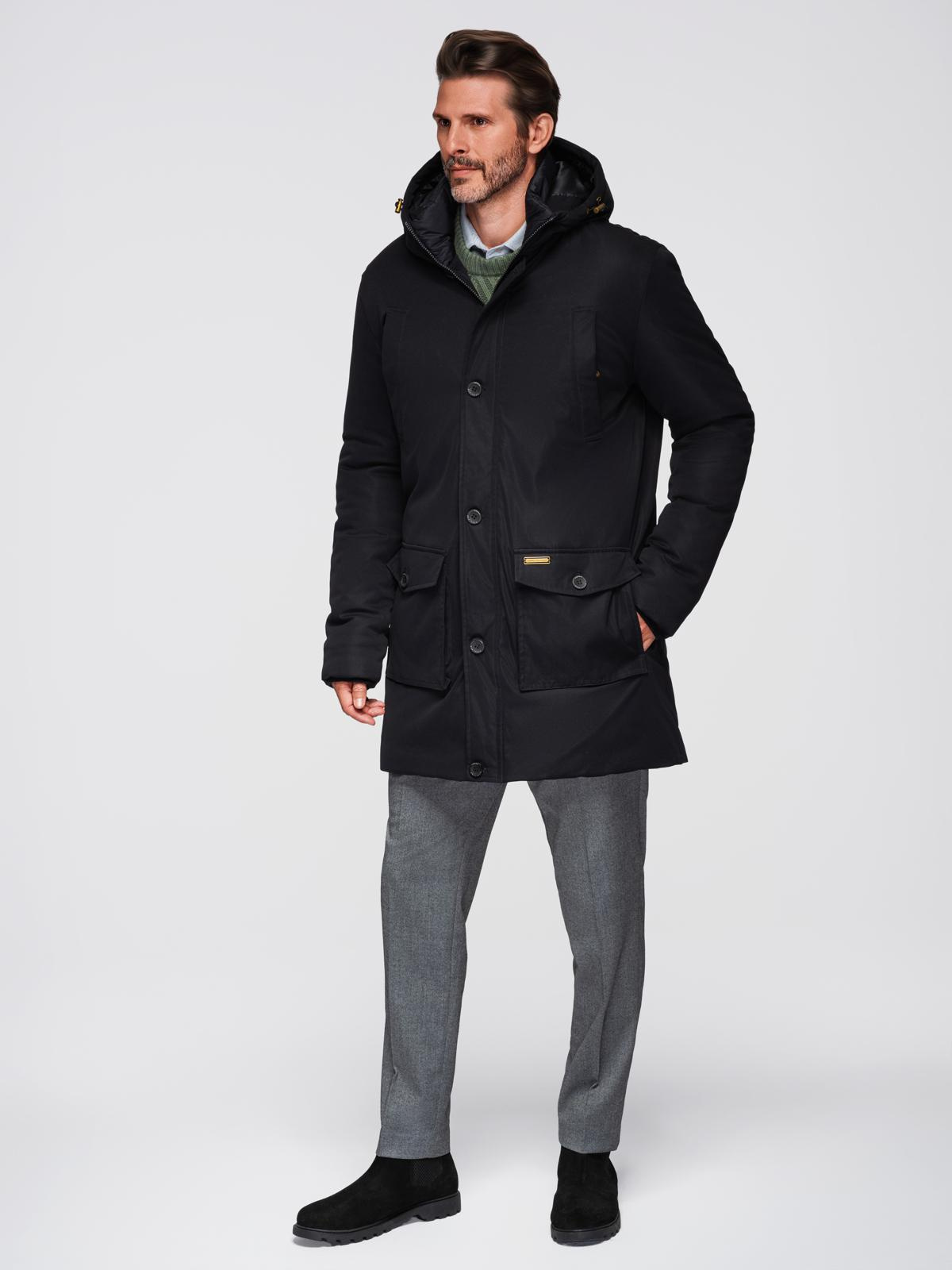 Ombre Elegant men&#039;s parka with cargo pockets and hood - black