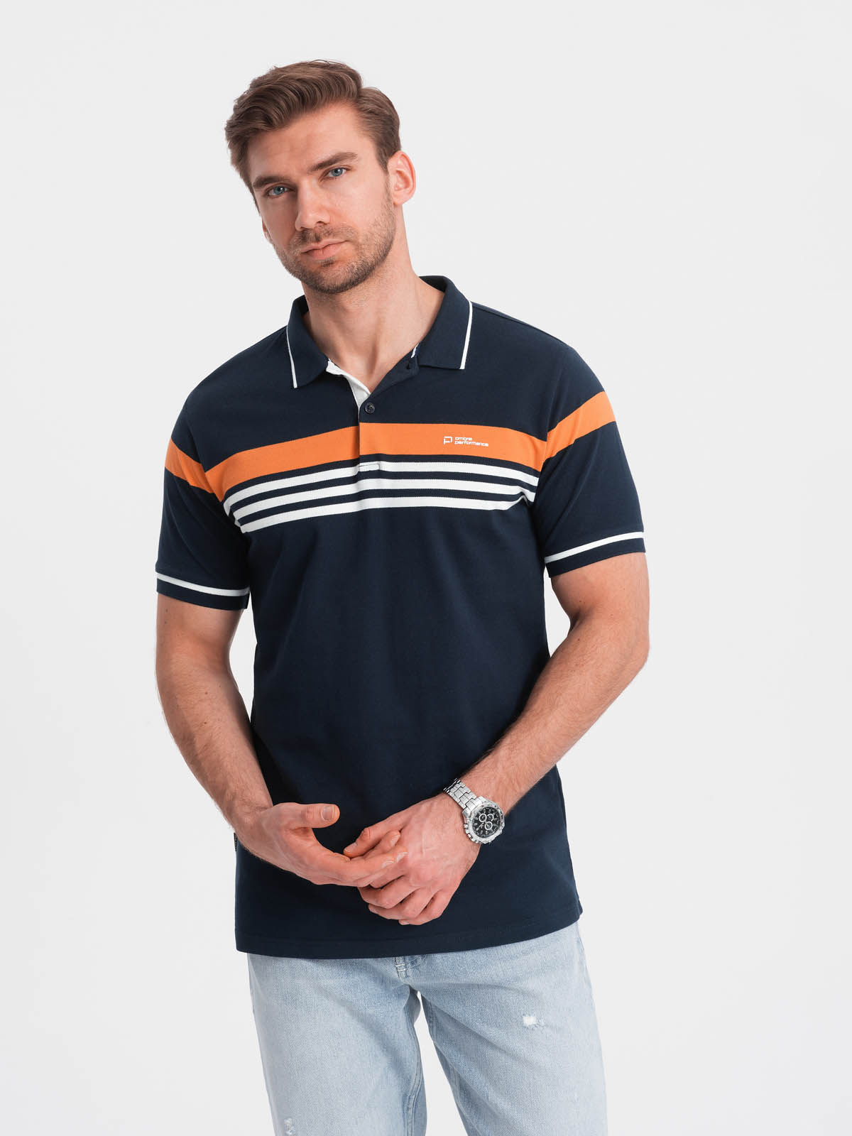 Ombre Men's Polo Shirt With Tricolor Stripes - Navy Blue