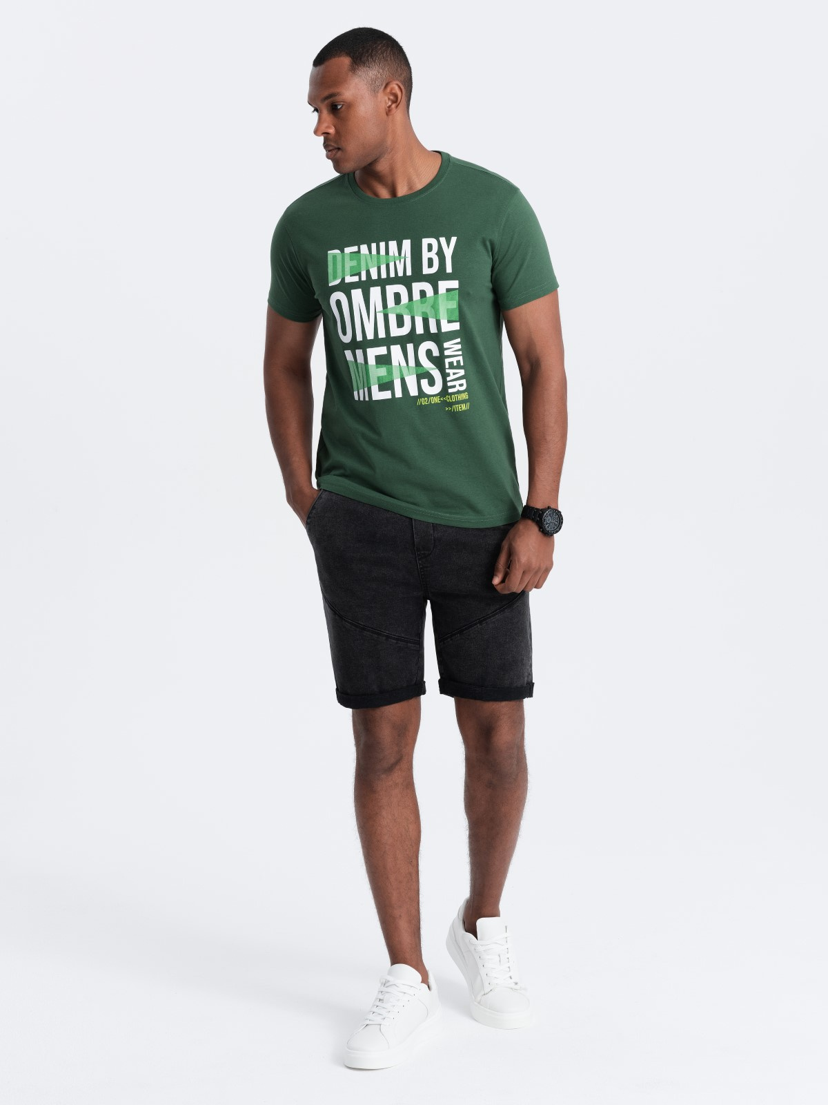 Ombre Turn-up men&#039;s denim short shorts with stitching - black