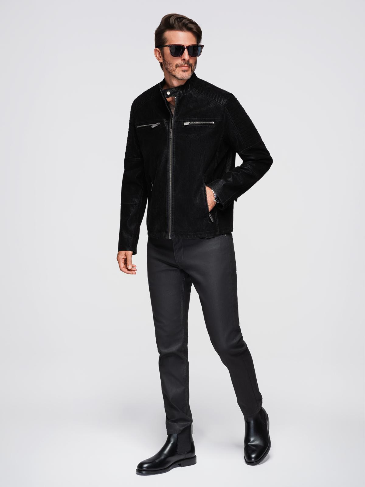 Ombre Men&#039;s retro-style biker jacket with stand-up collar - black