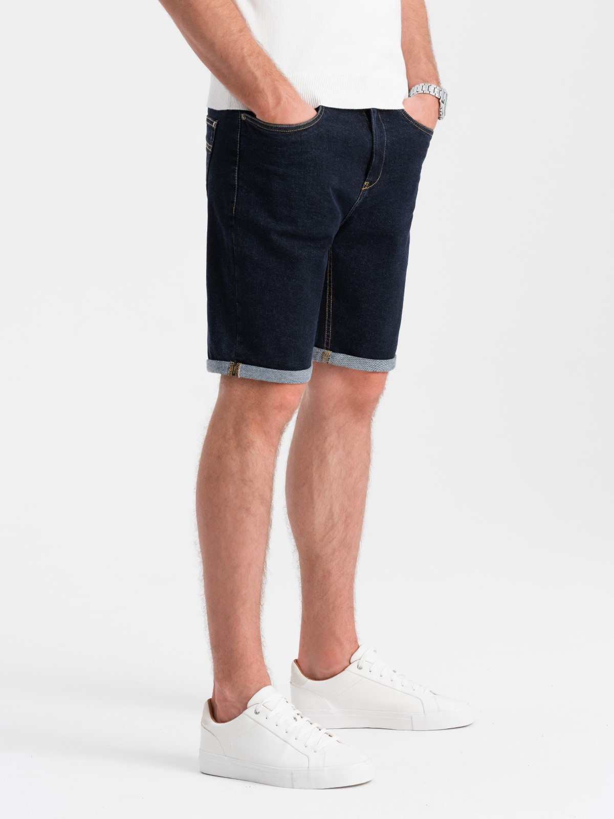 Ombre Men's denim shorts with rolled up legs - navy blue