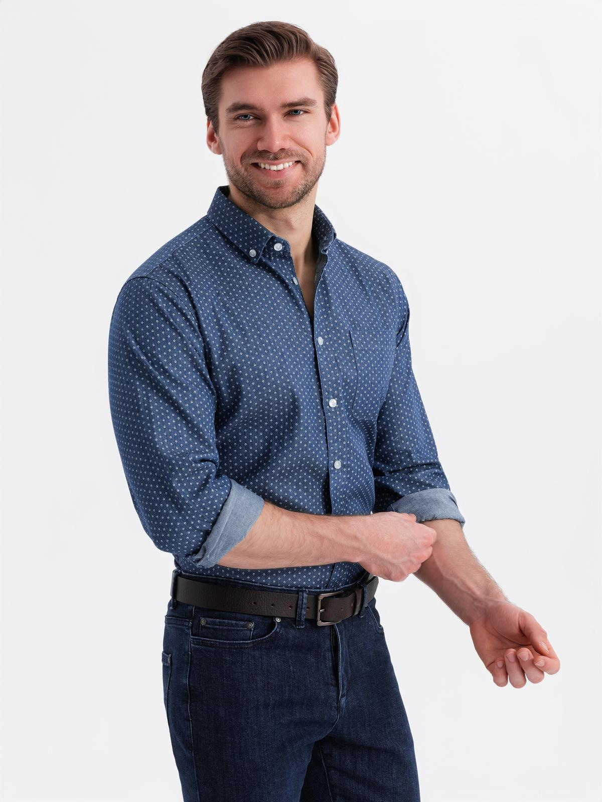 Ombre Men&#039;s patterned thin denim shirt with pocket - blue