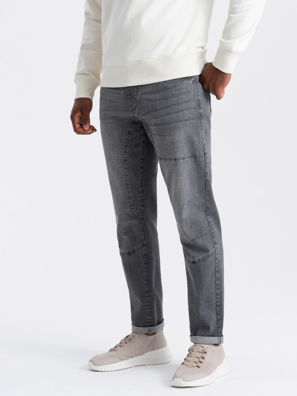 Ombre Men&#039;s TAPER FIT denim pants with stitching and rolled up legs - gray