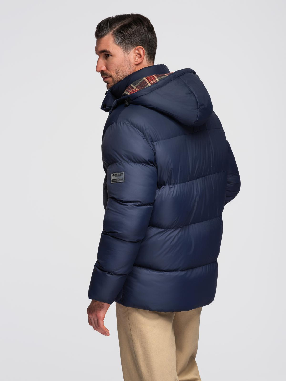 Ombre Men&#039;s puffer jacket with check lining - navy blue