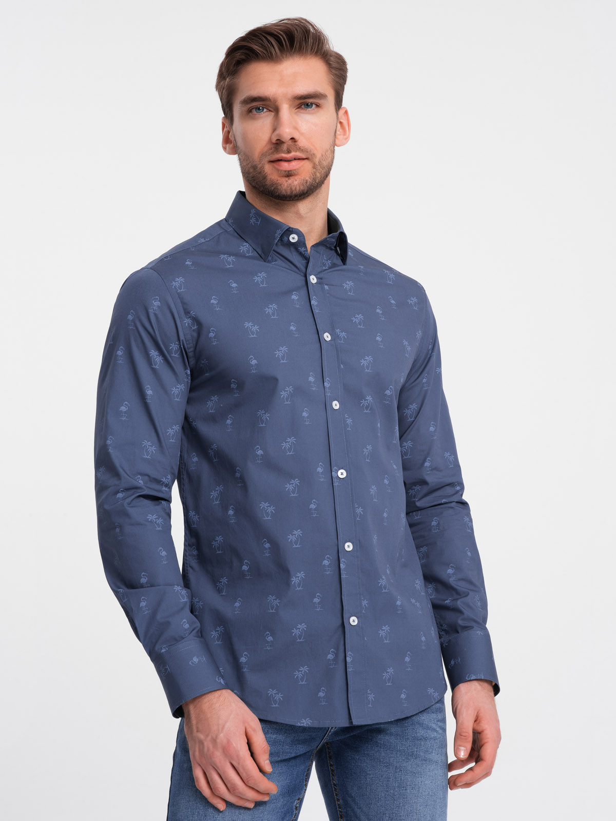 Ombre Classic Men's Cotton SLIM FIT Shirt In Palm Trees - Dark Blue
