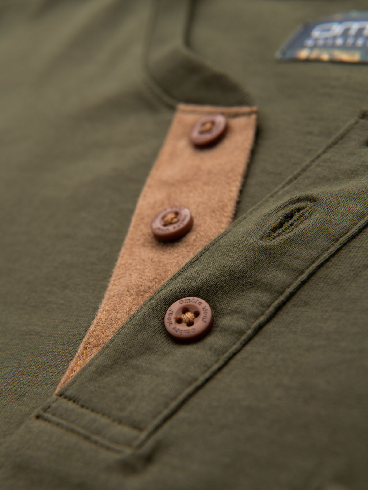 Ombre Men's T-shirt with button neckline and suede trim - dark olive