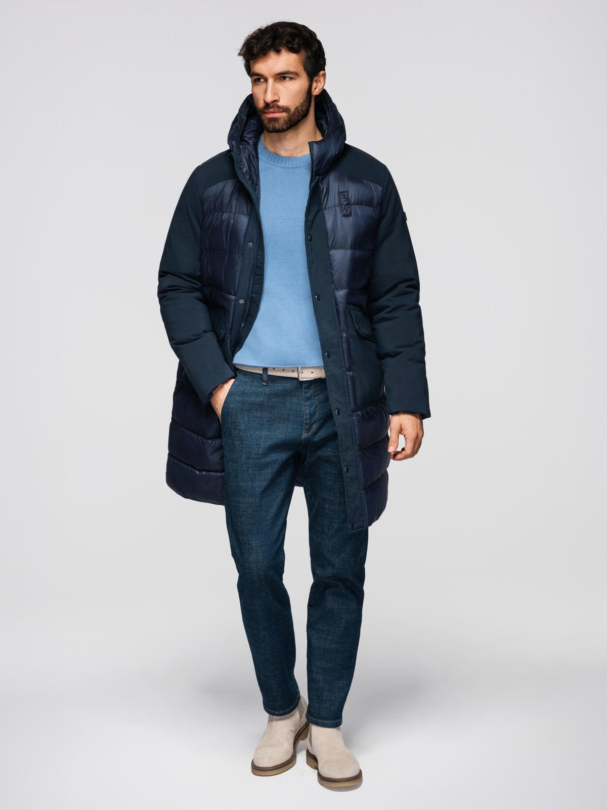 Ombre Men's quilted long jacket with large pockets - navy blue
